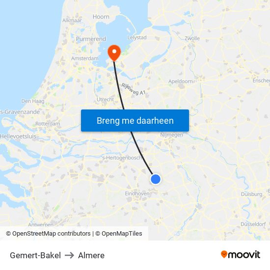 Gemert-Bakel to Almere map