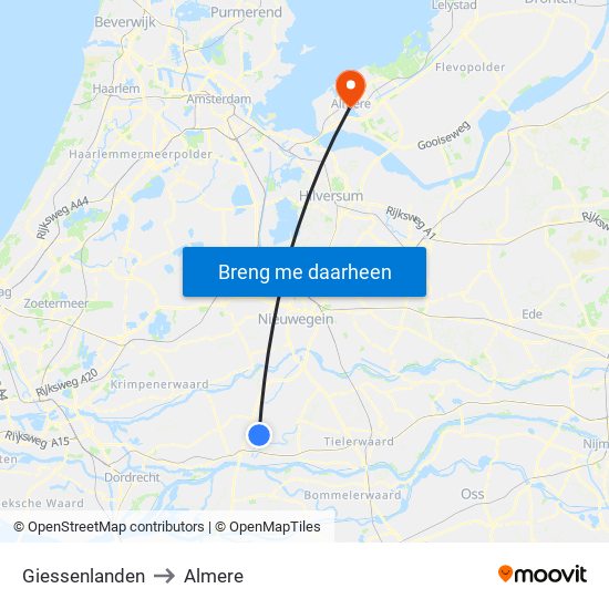 Giessenlanden to Almere map
