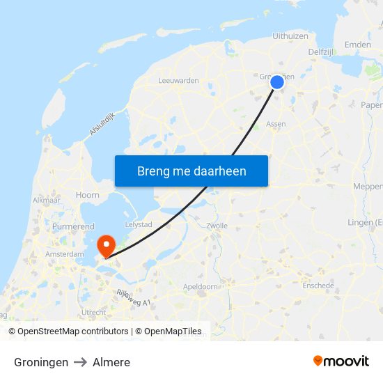 Groningen to Almere map