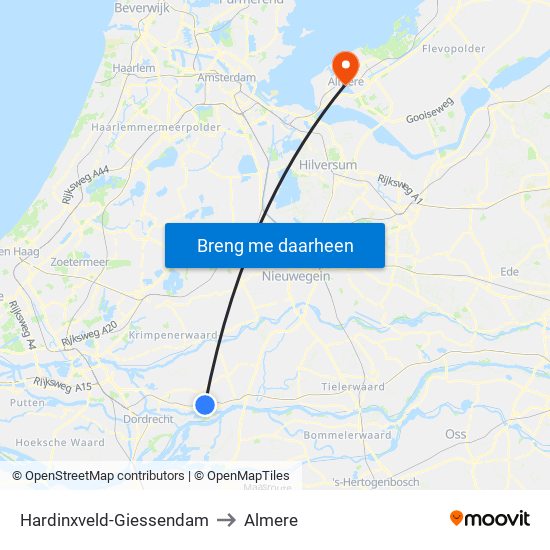 Hardinxveld-Giessendam to Almere map