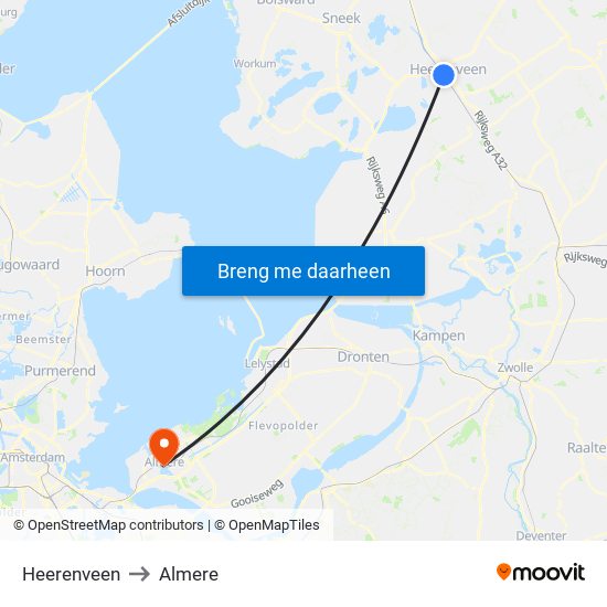 Heerenveen to Almere map