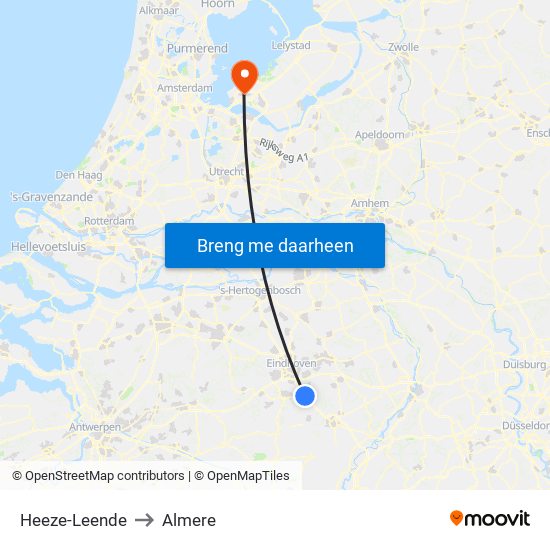Heeze-Leende to Almere map