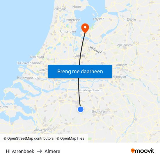 Hilvarenbeek to Almere map