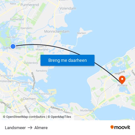Landsmeer to Almere map