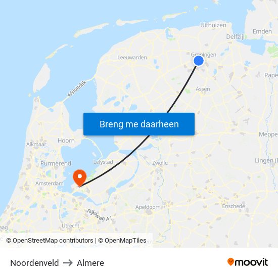 Noordenveld to Almere map