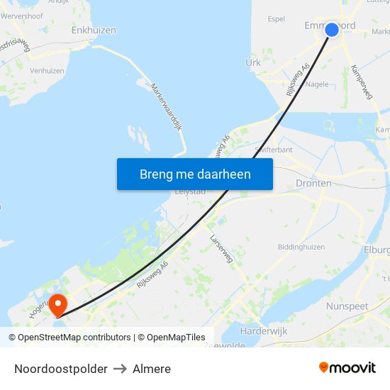 Noordoostpolder to Almere map