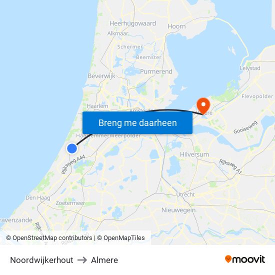 Noordwijkerhout to Almere map