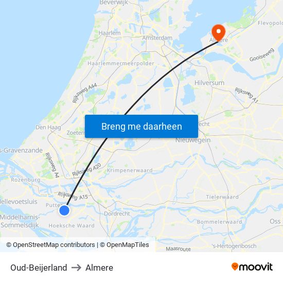 Oud-Beijerland to Almere map