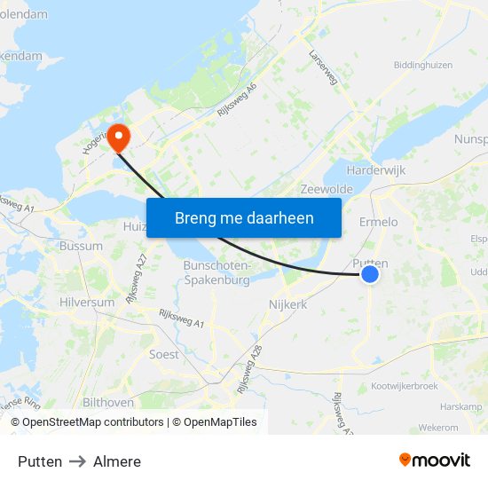 Putten to Almere map