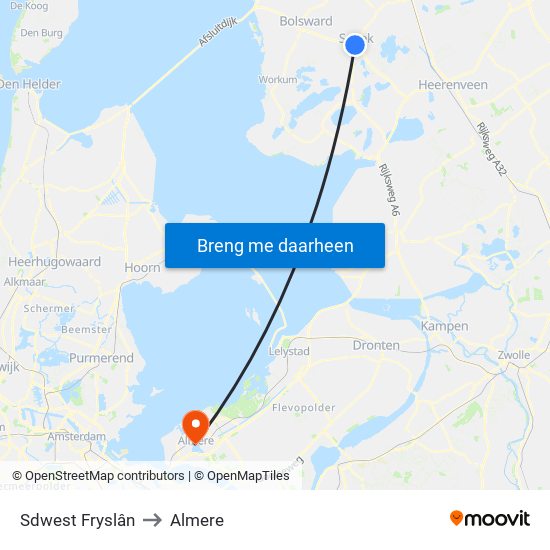 Sdwest Fryslân to Almere map