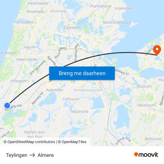 Teylingen to Almere map