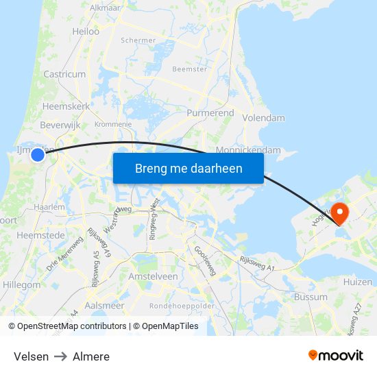 Velsen to Almere map