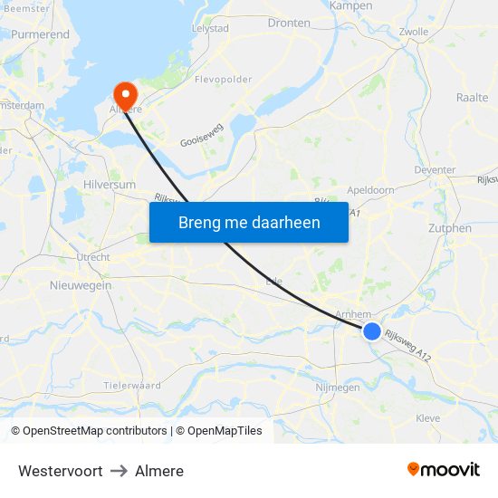 Westervoort to Almere map