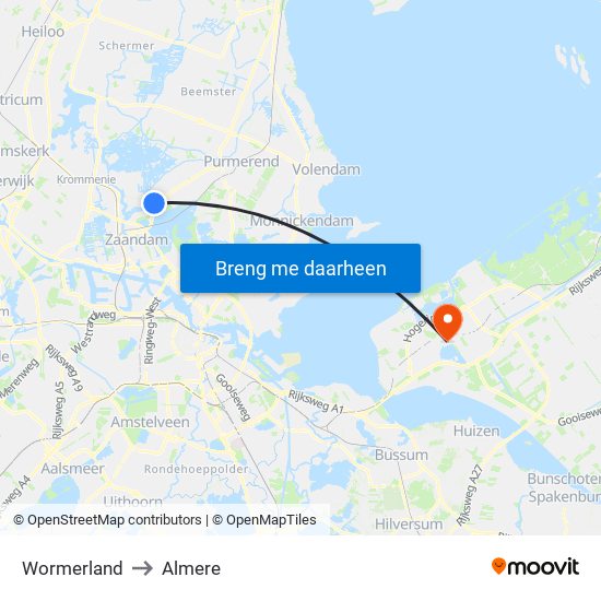 Wormerland to Almere map