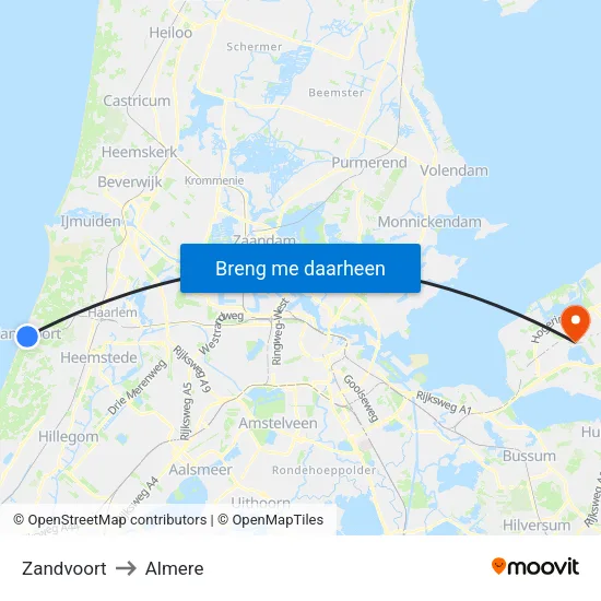 Zandvoort to Almere map