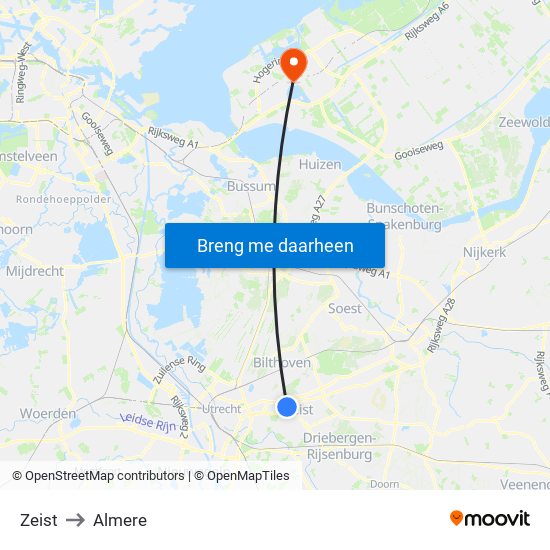 Zeist to Almere map