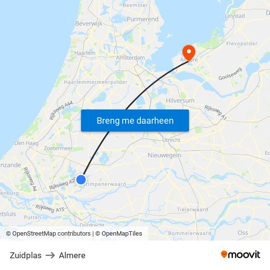 Zuidplas to Almere map