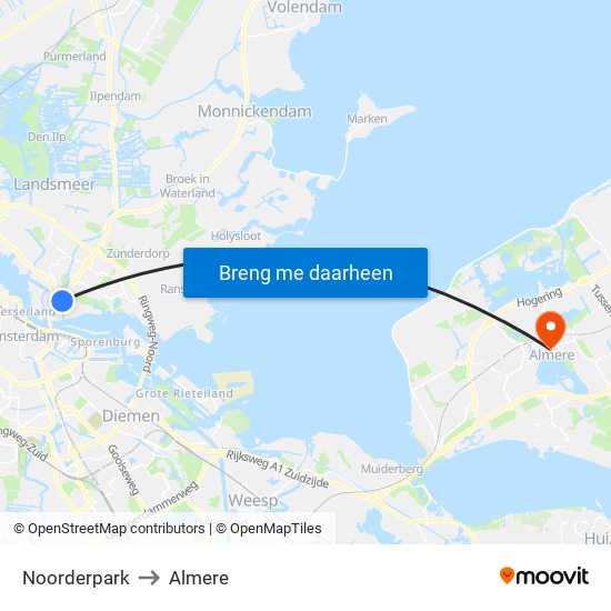 Noorderpark to Almere map