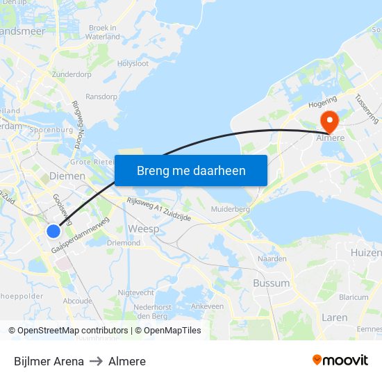 Bijlmer Arena to Almere map