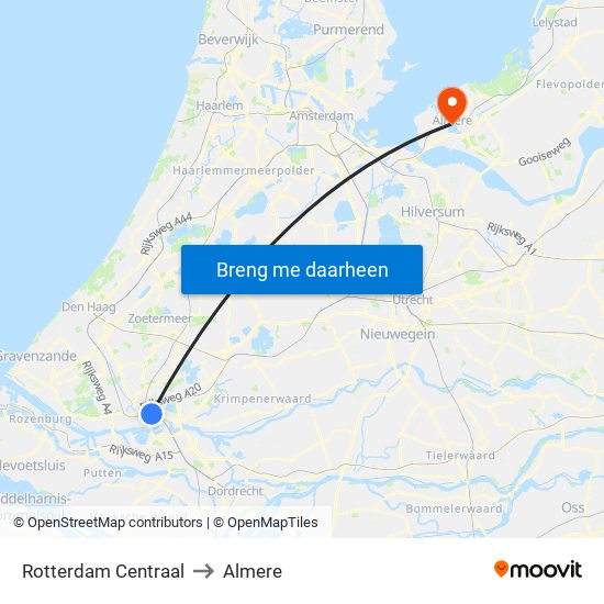 Rotterdam Centraal to Almere map