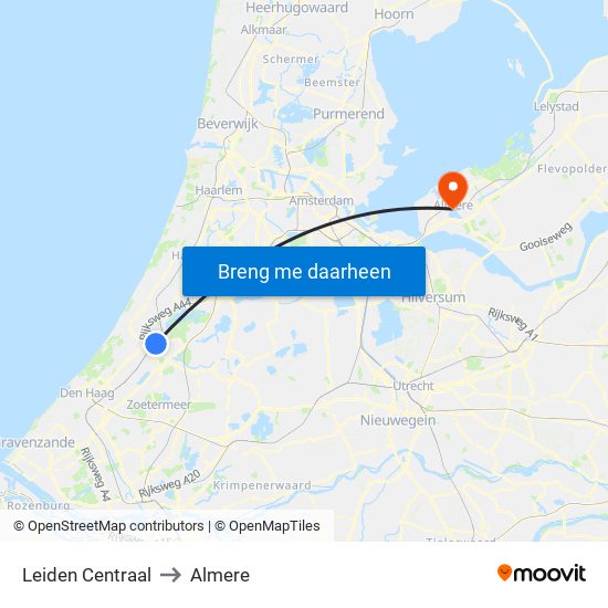 Leiden Centraal to Almere map