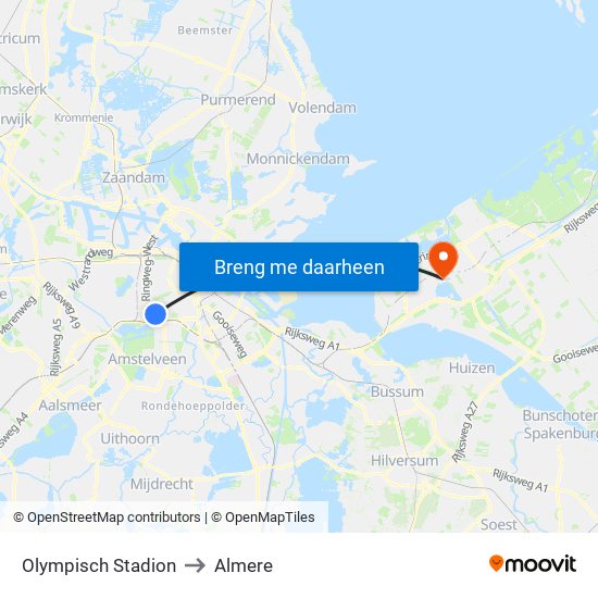 Olympisch Stadion to Almere map