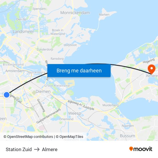 Station Zuid to Almere map