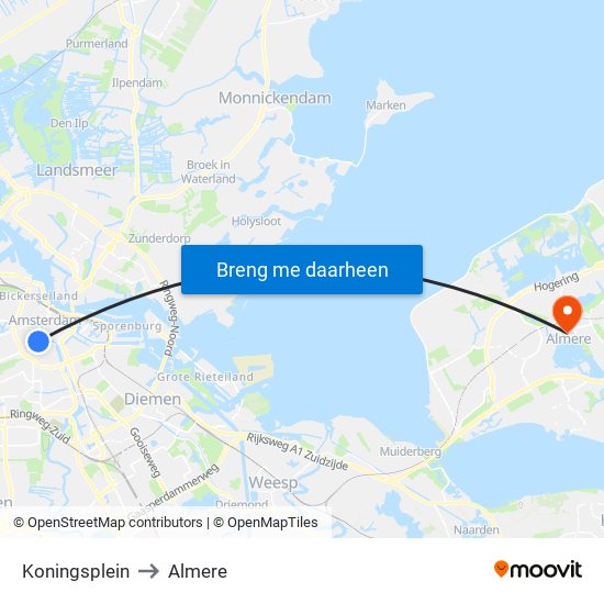 Koningsplein to Almere map