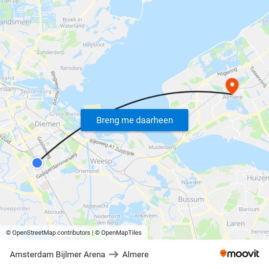 Amsterdam Bijlmer Arena to Almere map