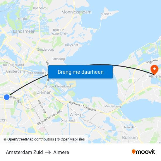 Amsterdam Zuid to Almere map