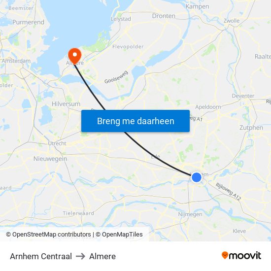 Arnhem Centraal to Almere map