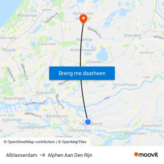Alblasserdam to Alphen Aan Den Rijn map