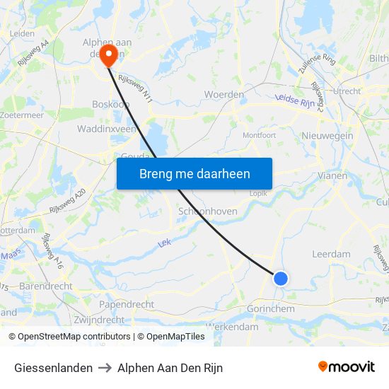 Giessenlanden to Alphen Aan Den Rijn map