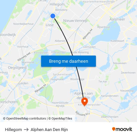 Hillegom to Alphen Aan Den Rijn map