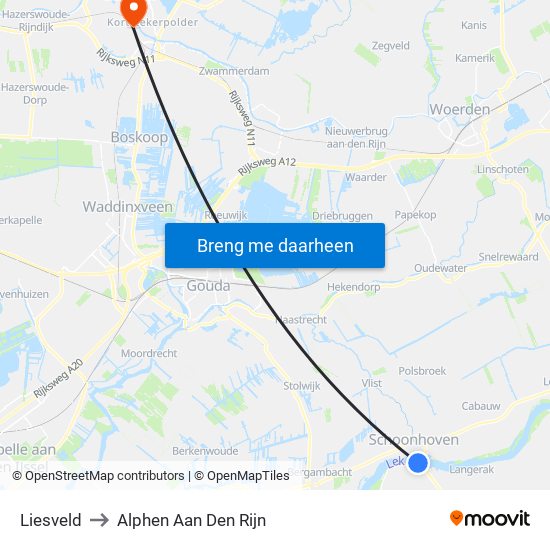 Liesveld to Alphen Aan Den Rijn map