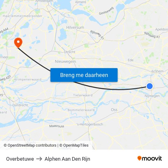 Overbetuwe to Alphen Aan Den Rijn map