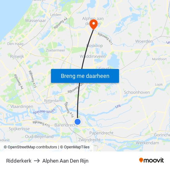 Ridderkerk to Alphen Aan Den Rijn map