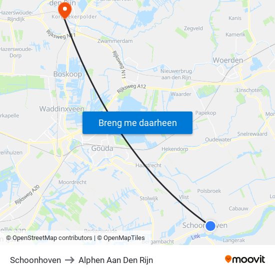Schoonhoven to Alphen Aan Den Rijn map