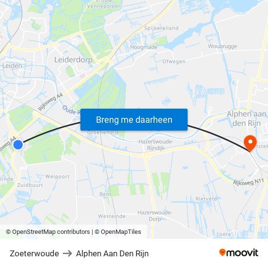 Zoeterwoude to Alphen Aan Den Rijn map