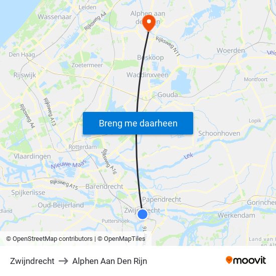 Zwijndrecht to Alphen Aan Den Rijn map