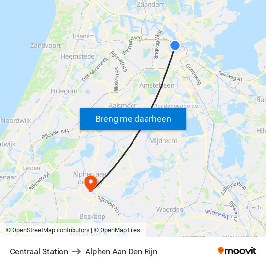 Centraal Station to Alphen Aan Den Rijn map