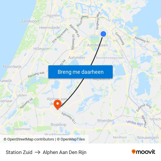 Station Zuid to Alphen Aan Den Rijn map