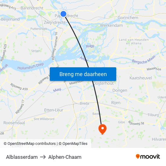 Alblasserdam to Alphen-Chaam map