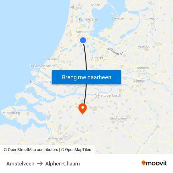 Amstelveen to Alphen-Chaam map