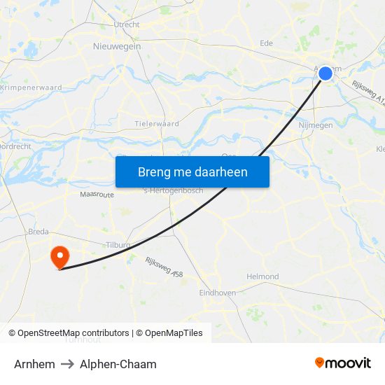 Arnhem to Alphen-Chaam map