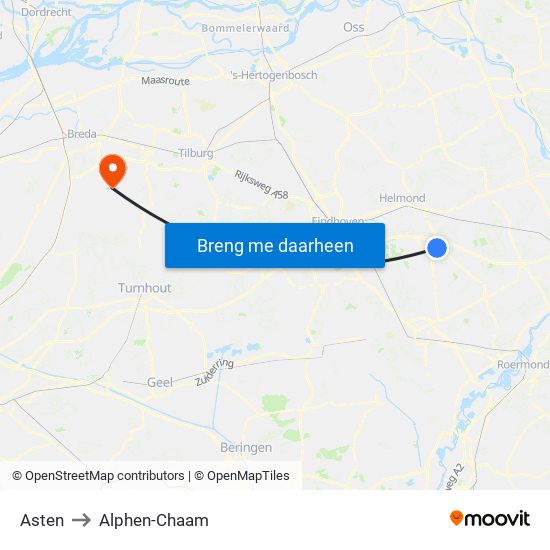 Asten to Alphen-Chaam map