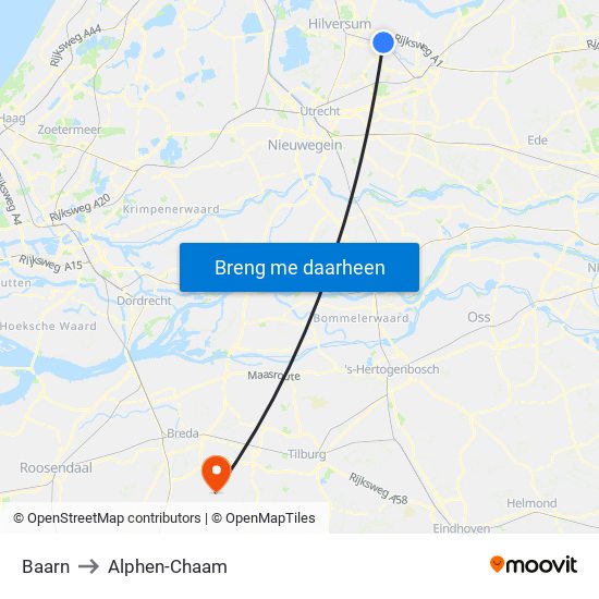 Baarn to Alphen-Chaam map