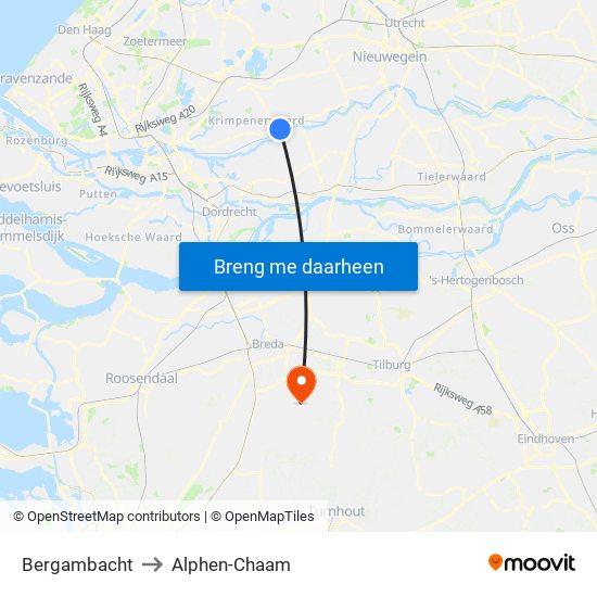 Bergambacht to Alphen-Chaam map