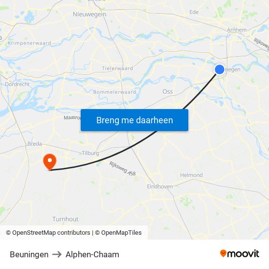 Beuningen to Alphen-Chaam map