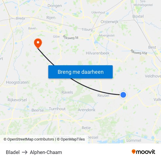 Bladel to Alphen-Chaam map